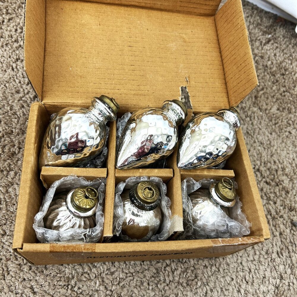 Restoration Hardware Christmas Ornaments lot of 6 Silver Glass
